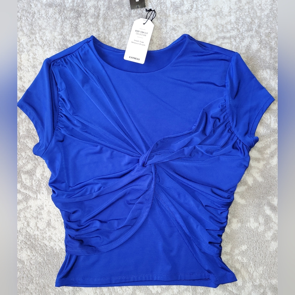 Express Body Contour Cobalt Blue Twisted Knot Short Sleeve Top, Size M